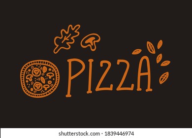 Vector illustration of pizza lettering in Doodle style. Cartoon logo for pizzeria: cooking, bakery, pizza making, linear creativity. Restaurant and culinary wall emblem Doodle hand drawn line. Vector