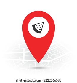 Vector illustration of Pizza location. Simple icon in red color on White background.