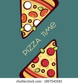 Vector illustration with pizza margarita and pizza pepperoni slices. Template for italian cafe menu.