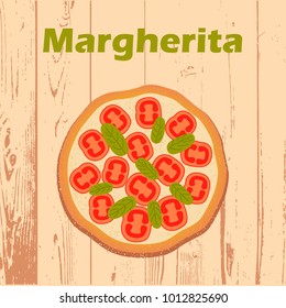 Vector illustration of pizza Margherita with mushrooms tomatoes on textured background. For a book of recipes, cooking class, cafe and restaurant, pizzeria menu. Interior decoration. Italian food.
