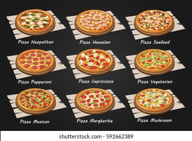 Ilustración vectorial de un menú Pizza que incluye variedades de pizza populares, napolitana, suprema italiana, mexicana, hawaiana, hongos, margherita y Pepperoni Pizza.