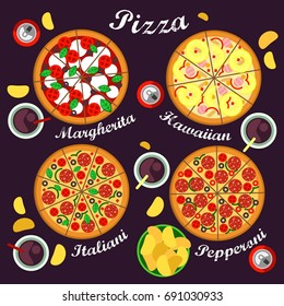 Vector illustration of a Pizza menu including pizza varieties Italian, Hawaiian, Margarita and Pepperoni Pizza.