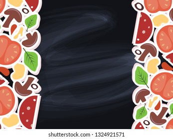 Vector illustration of pizza menu on chalkboard, background with ingredients. Hand Drawn template for your text inside.