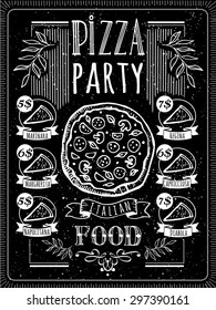 Vector illustration with pizza menu. Poster on a blackboard. A delicious slice of pie with sausage.