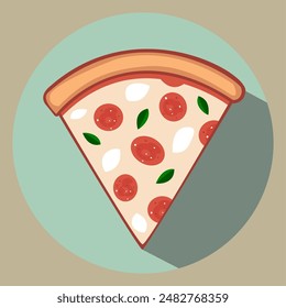 Vector illustration of pizza with mozzarella, pepperoni, cheese, basil, on mint green plate on light brown background. Italian classic traditional food, fast food