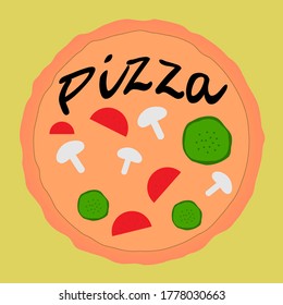 vector illustration of pizza with mushrooms, cucumber and tomatoes