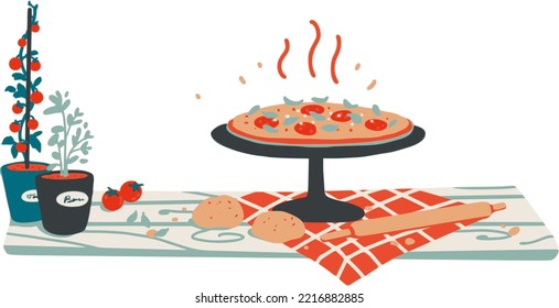 Vector illustration of Pizza Napoletana - Napoli tomato sauce mozzarella and basil - top of view. Simple vector print design, bar menu decoration. 
