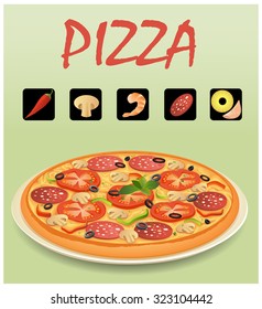 Ilustración vectorial de la pizza en un plato e íconos de varios ingredientes de pizza.