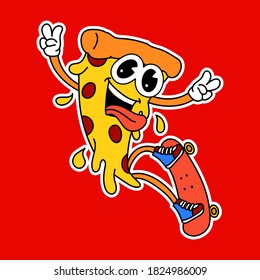 VECTOR ILLUSTRATION OF A PIZZA ON A SKATEBOARD, SLOGAN PRINT