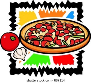 Ilustración vectorial de una pizza con cebolla y tomate.