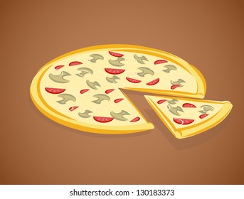 Vector illustration of pizza over brown background