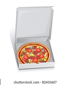 Vector illustration of pizza in a paper box.Isolated on white.