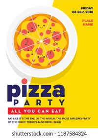 Vector Illustration Of Pizza. Pizza Party Flyer Invitation Template Design. Cute Pizza Character