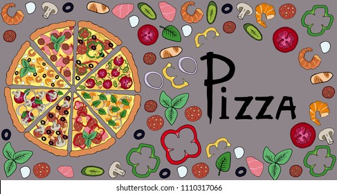 Vector illustration of a pizza from pieces of different kinds. Also shown are ingredients of pizza, namely vegetables, meat, cheeses and seafood.