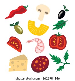 Vector illustration, pizza products: cheese, olives, tomato, pepper, champignon, shrimp, sausage, pineapple, basil, parsley, on a white background, a great element for your design.