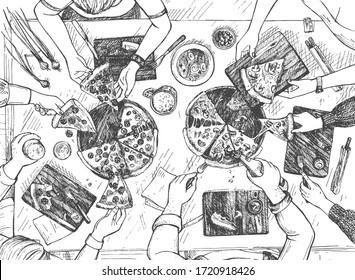 Vector Illustration Of A Pizza Restaurant Top View. People, Group Of Friends Or Family Behind The Table Eating Dinner At Pizzeria. Vintage Hand Drawn Engraving Style.