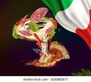 vector illustration of pizza with salami cheese on fire and with the flag of Italy