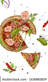 vector illustration of pizza with salami and ham cheese