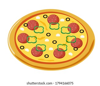 Vector illustration of pizza . Pizza with salami on top. 