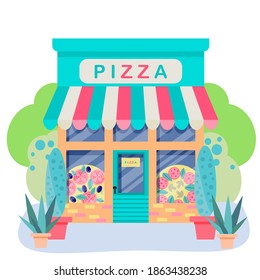 vector illustration of a pizza shop. illustration of the exterior facade of the store building. Store facades isolated on a white background. Vector illustration in flat style