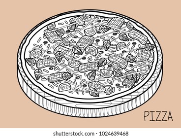 Vector illustration of Pizza sketch. Pizza on the wood board.