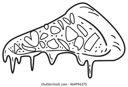 Vector illustration of pizza slice in black and white outlined doodle style