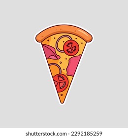 Ilustración vectorial. Pieza de pizza. Pegatina de dibujos animados al estilo cómico con contorno. Decoración para tarjetas de felicitación, carteles, parches, huellas para ropa, emblemas