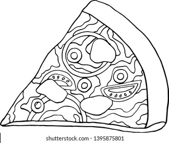 Vector illustration. Pizza slice with cheese and pepperoni. Cartoon sticker in comic style. Decoration for greeting cards, posters, patches, prints for clothes. Coloring by numbers for children