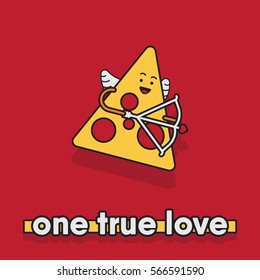 vector illustration of a pizza slice. fall in love concept for valentine's day. "one true love" phrase. cupid food / pizza