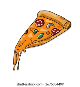 Vector illustration. Pizza slice with melted cheese and pepperoni.