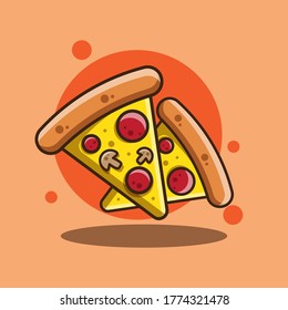 Vector illustration. Pizza slice with melted cheese, pepperoni and mushroom. Cartoon sticker in comic style with contour. flat design. design element