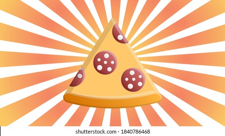 Vector illustration. Pizza slice with melted cheese and pepperoni on blue background with shining rays. Sticker in cartoon style with contour. For patches, prints for clothes, badges, posters, menus.