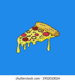 Vector illustration. Pizza slice with melted cheese and pepperoni on blue background with shining rays. Sticker in cartoon style with contour. For patches, prints for clothes, badges, posters