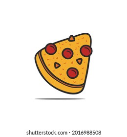 Vector illustration. Pizza slice with melted cheese and pepperoni. Cartoon sticker in comic style with contour. Decoration for greeting cards, posters, patches, prints for clothes, emblems