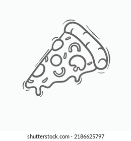 Vector illustration. Pizza slice with melted cheese and pepperoni. Hand drawn doodle. Cartoon sketch. Decoration for greeting cards, posters, emblems