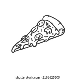 Vector illustration. Pizza slice with melted cheese and pepperoni. Hand drawn doodle. Cartoon sketch. Decoration for greeting cards, posters, emblems