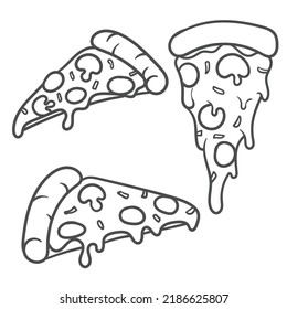 Vector illustration. Pizza slice with melted cheese and pepperoni. Hand drawn doodle. Cartoon sketch. Decoration for greeting cards, posters, emblems