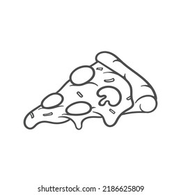 Vector illustration. Pizza slice with melted cheese and pepperoni. Hand drawn doodle. Cartoon sketch. Decoration for greeting cards, posters, emblems