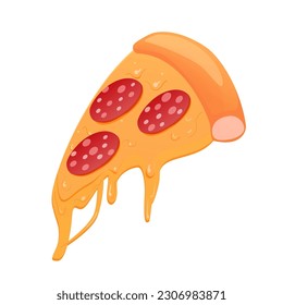 Vector illustration. Pizza slice with melted cheese and pepperoni. Cartoon sticker in comic style. Decoration for greeting cards, posters, patches, prints for clothes, emblems