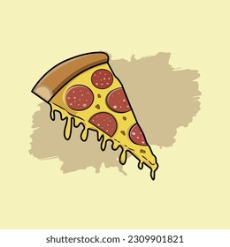 Vector illustration. Pizza slice with melted cheese and pepperoni. Cartoon sticker in comic style with contour. Decoration for posters.