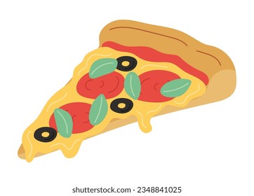 Vector illustration. Pizza slice with melted cheese and pepperoni. Cartoon sticker in comic style with contour. Decoration for greeting cards, posters, patches, prints for clothes, emblems