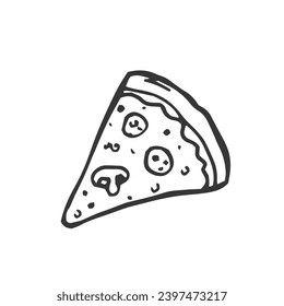 Vector illustration. Pizza slice with melted cheese and pepperoni. Hand drawn doodle. Cartoon sketch.