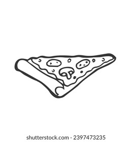 Vector illustration. Pizza slice with melted cheese and pepperoni. Hand drawn doodle. Cartoon sketch.