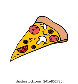 Vector illustration. Pizza slice with melted cheese and pepperoni. Cartoon sticker in comic style with contour. Decoration for greeting cards, posters, patches, prints for clothes, emblems