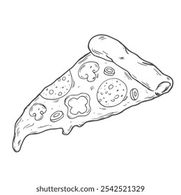 Vector illustration. Pizza slice with melted cheese and pepperoni. Hand drawn doodle. Cartoon sketch. Decoration for greeting cards, posters, emblems