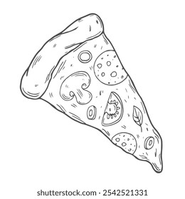 Ilustração vetorial. Fatia de pizza com queijo derretido e pepperoni. Rabiscar desenhado à mão. Desenho animado. Decoração para cartões, cartazes, emblemas