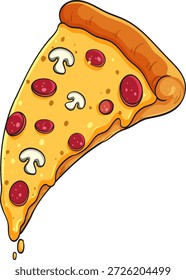 Ilustración vectorial de rebanada de pizza con queso derretido, pepperoni, champiñones y corteza gruesa