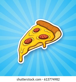 Vector Illustration. Pizza Slice With Melted Cheese And Pepperoni On Blue Background With Shining Rays. Sticker In Cartoon Style With Contour. For Patches, Prints For Clothes, Badges, Posters, Menus