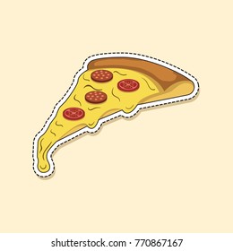 Vector illustration. Pizza slice with melted cheese and pepperoni. Cartoon sticker in comic style with contour. Decoration for greeting cards, posters, patches, prints for clothes, emblems