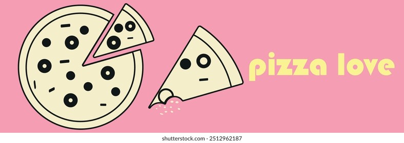 Uma ilustração vetorial de uma pizza com uma fatia removida e o texto da pizza ama em um fundo rosa. O design enfatiza o prazer e o carinho pela pizza.